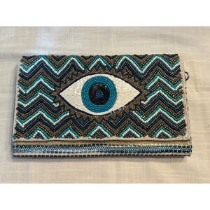 America & Beyond Evil Eye Beaded Clutch Bag Blue Gold Chevron Crossbody NWOT